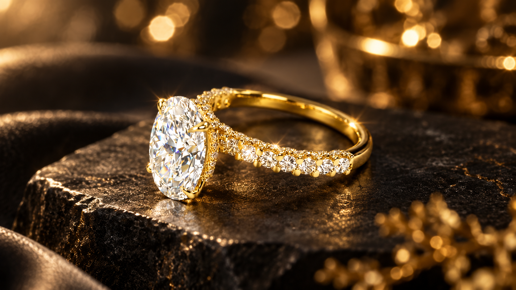 Diamond rings displayed on dark fabric