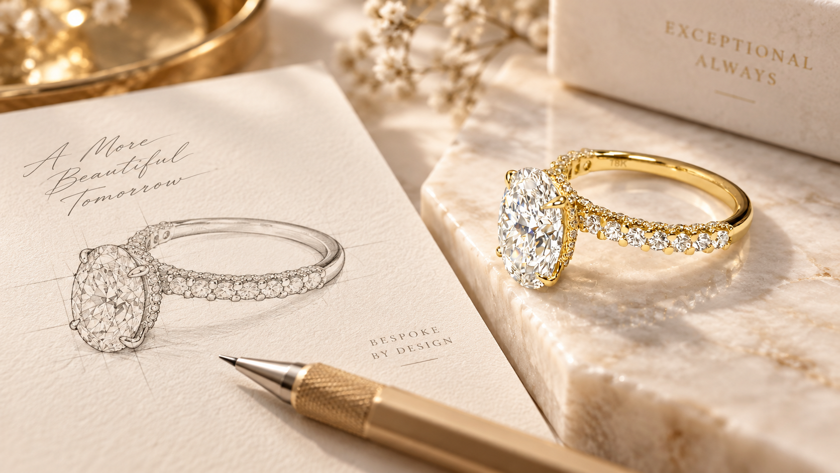 Jewellery sketch beside a finished diamond ring