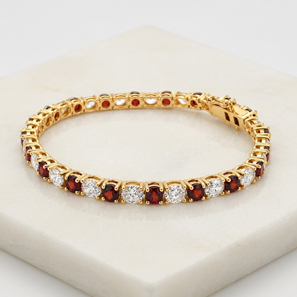 Gold bracelet set with alternating red and white gemstones manufactured by BCJExport
