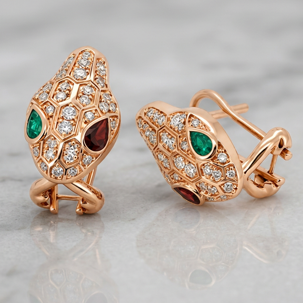 Pair of gold snake-design earrings with clear, green and red gemstones
