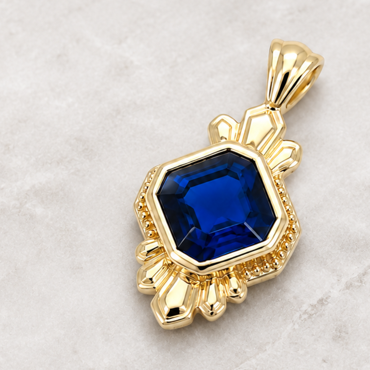 Gold pendant with a deep blue gemstone manufactured by BCJExport