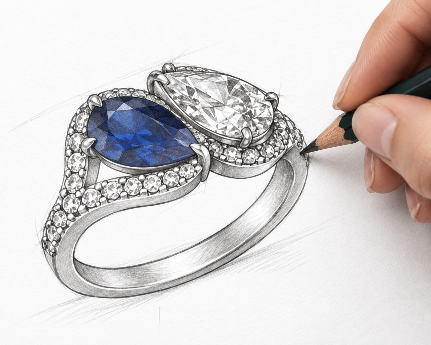 Hand-drawn sapphire and diamond ring concept sketch