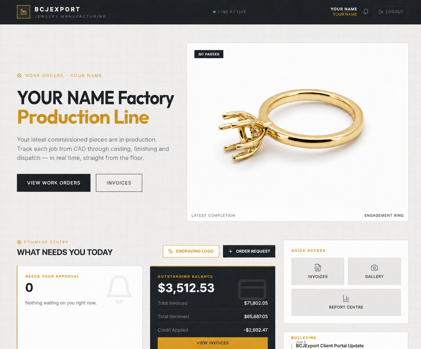 BCJExport retailer portal showing production, orders and invoices